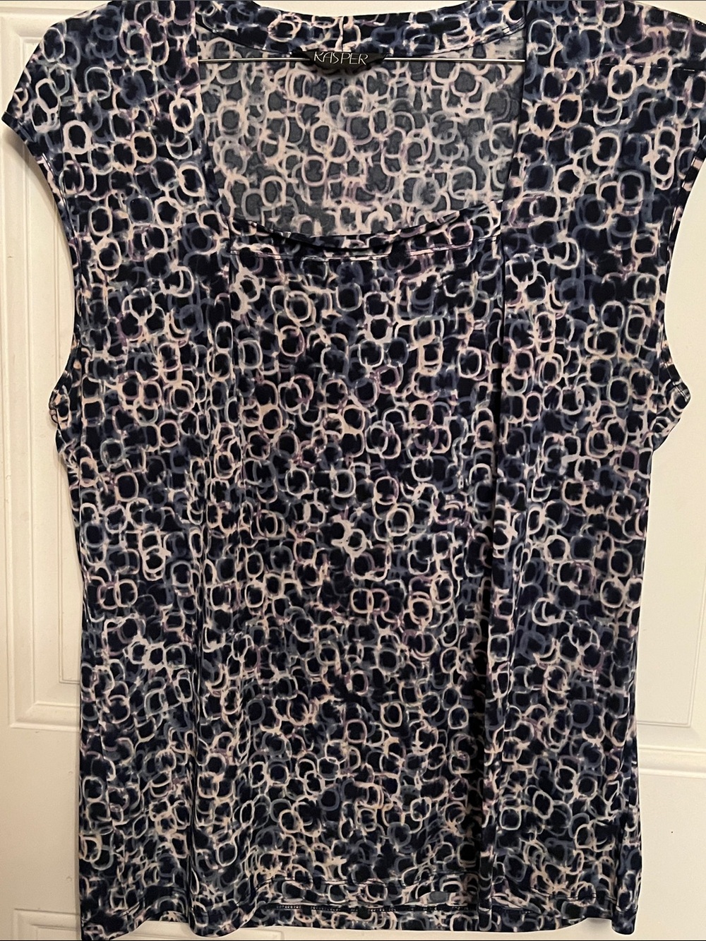 Kasper Navy, White and Light Pink Printed Cap-Sleeve Tank
